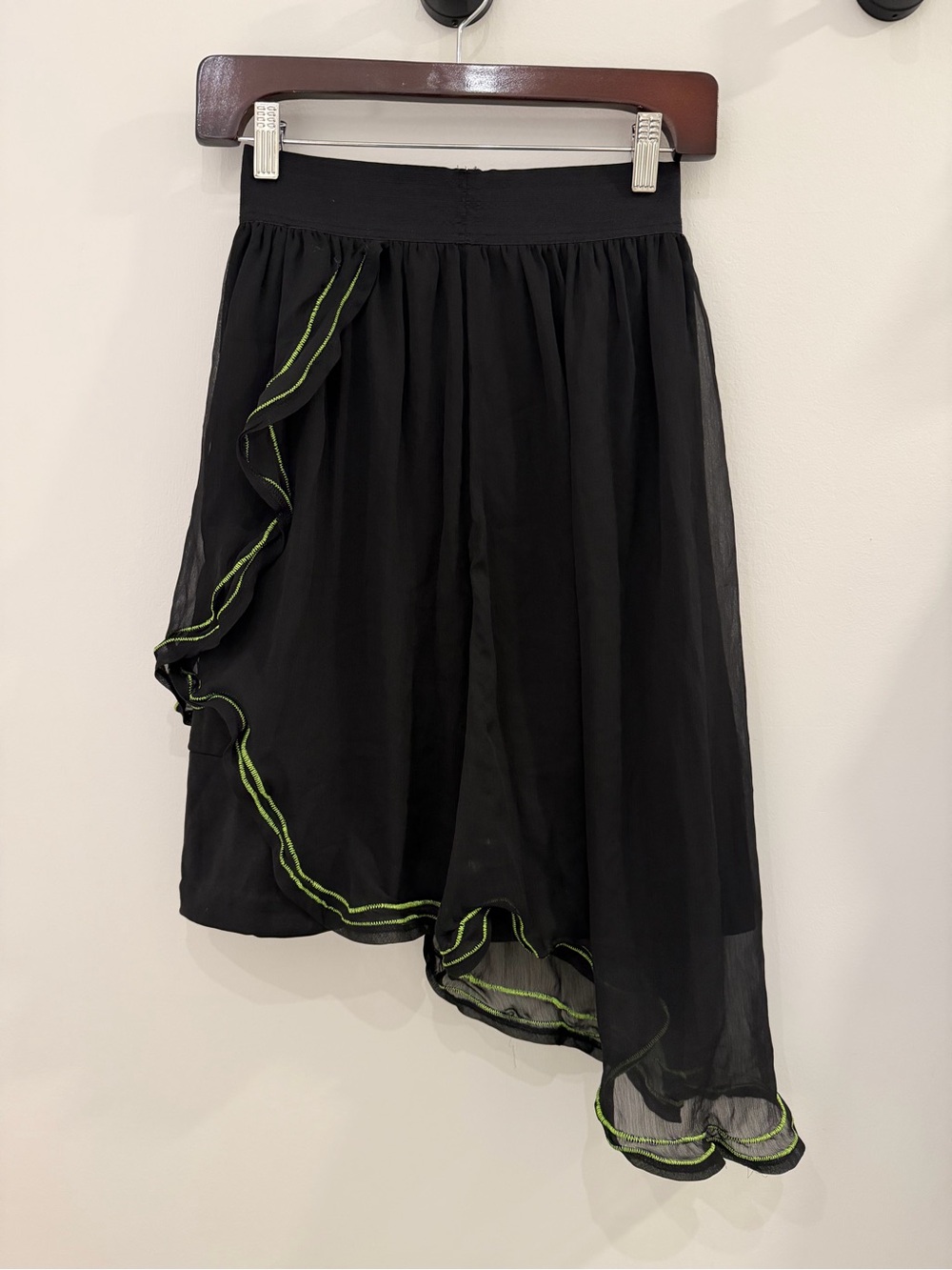 Charlotte Russe Black Asymmetrical Ruffle Skirt with Neon Green Trim